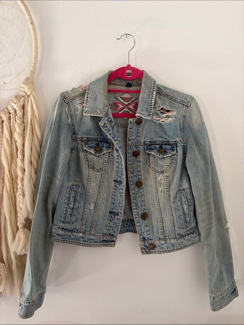 American Eagle Outfitters Light Blue Distressed Jean Jacket